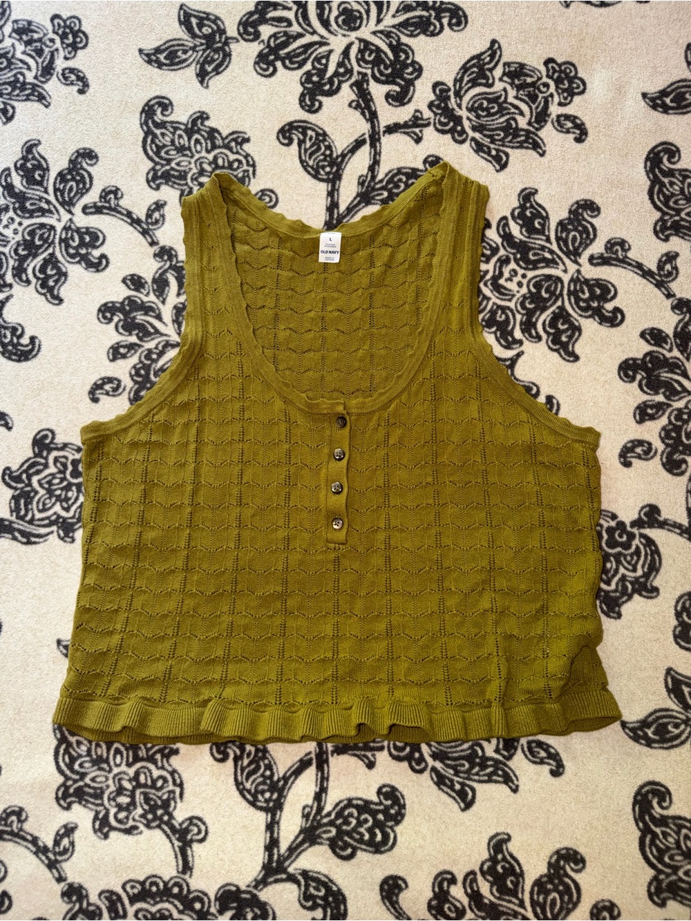 Olive Green Knit Tank Top with Button Placket